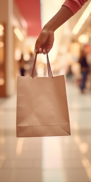 Photo une personne tenant un sac d'achat dans un centre commercial animé idéal pour illustrer le consumérisme du shopping et la thérapie de vente au détail idéal pour les sites web et les publicités liées au shopping de mode et au commerce de détail