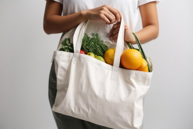 personne tenant un sac à dos réutilisable pour acheter des fruits et légumes