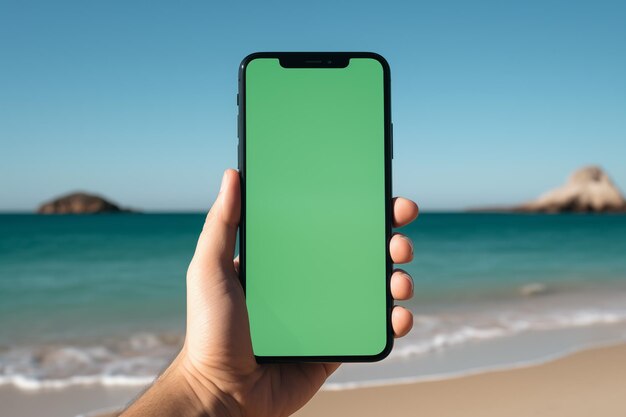 Personne tenant un smartphone chromakey à écran vert pendant les vacances tropicales