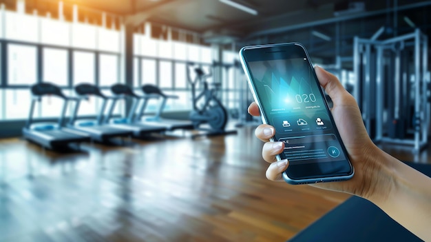 Photo une personne tenant un smartphone dans un centre de fitness le smartphone affiche une application de santé et de fitness