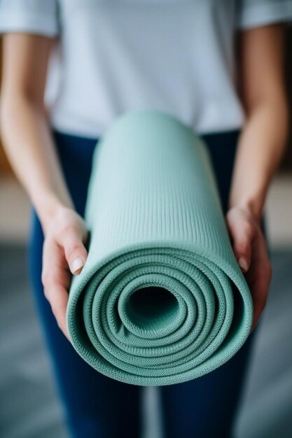 une personne tenant un tapis qui dit yoga sur lui