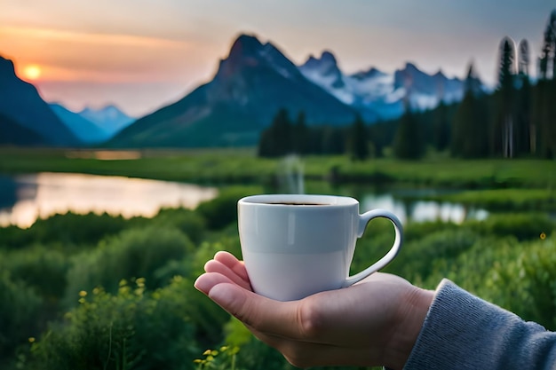 Photo une personne tenant une tasse de café blanche devant les montagnes