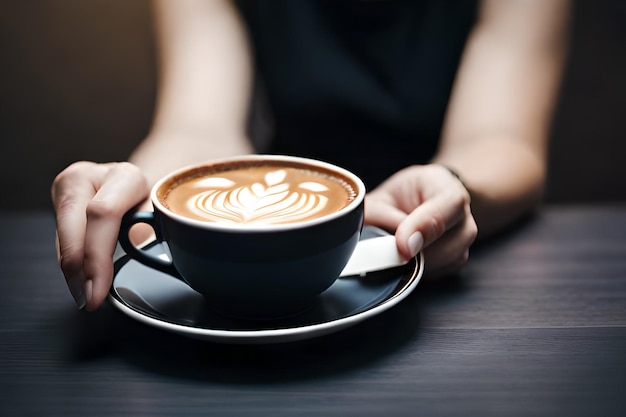 Une personne tenant une tasse de café avec un coeur sur le bord