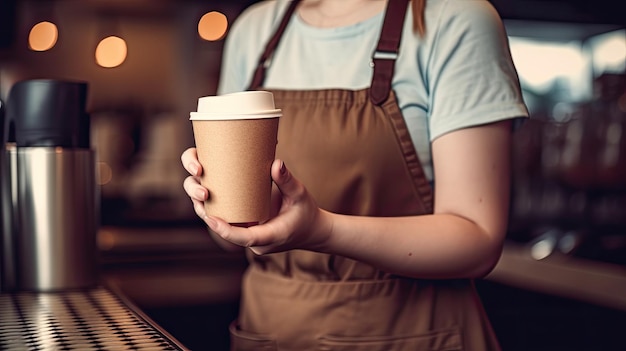 Une personne tenant une tasse de café devant un comptoir