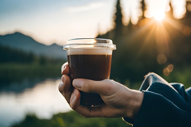 Une personne tenant une tasse de café jetable devant une montagne.