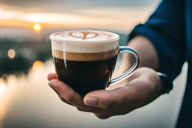 Une personne tenant une tasse de café avec le mot café dessus