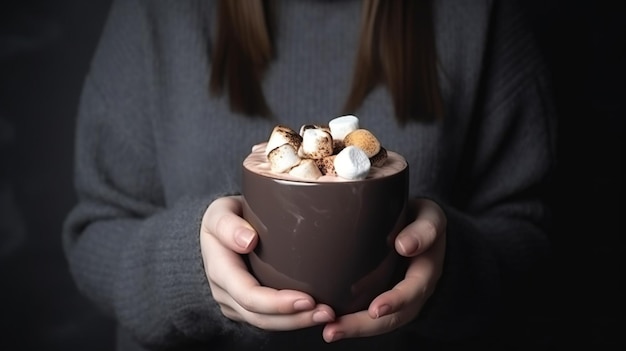 Une personne tenant une tasse de chocolat chaud avec des guimauves