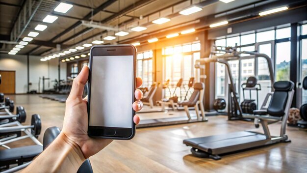 Photo une personne tenant un téléphone devant un gymnase avec les mots sur l'écran