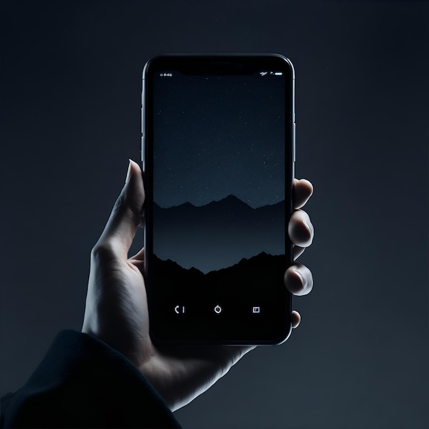 Une personne tenant un téléphone avec l'écran montrant une montagne sur l'écran.