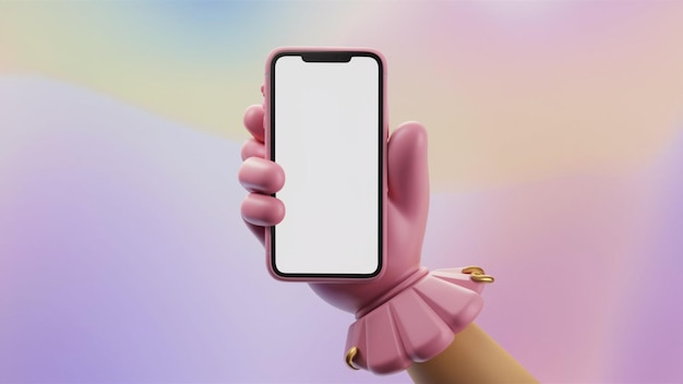 une personne tenant un téléphone avec un gant rose dessus