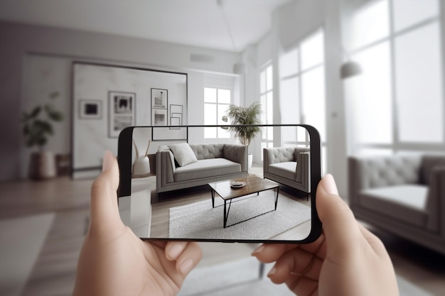 Une personne tenant un téléphone avec une photo d'un salon et d'un canapé IA générative