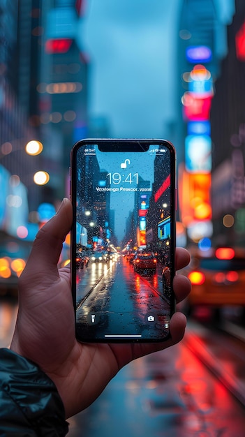 Une personne tenant un téléphone portable dans la main dans la ville la nuit avec un fond flou