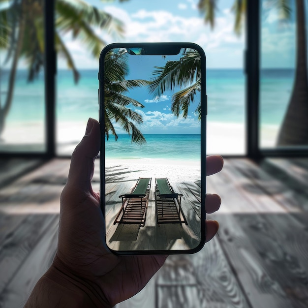 Personne tenant un téléphone portable avec une plage en arrière-plan