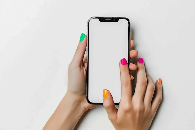 une personne tenant un téléphone avec un vernis à ongles vert dessus