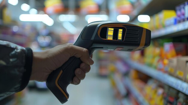 Personne tenant un thermomètre numérique dans un magasin