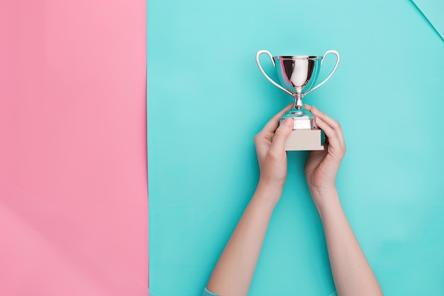 une personne tenant un trophée avec un fond rose et un mur bleu derrière eux