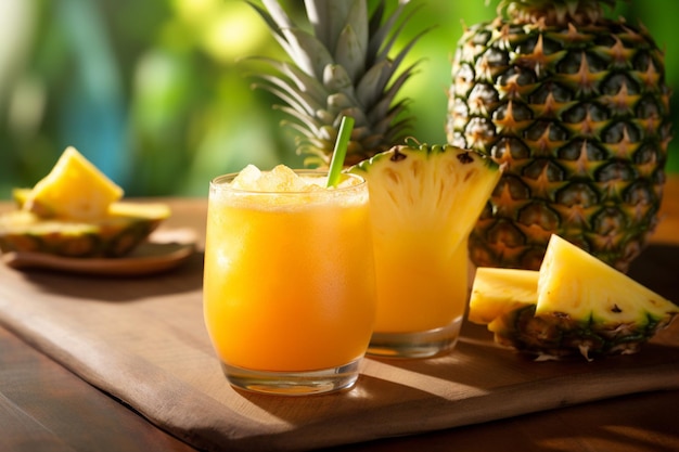 Une personne tenant un verre de jus d'ananas avec un fond tropical