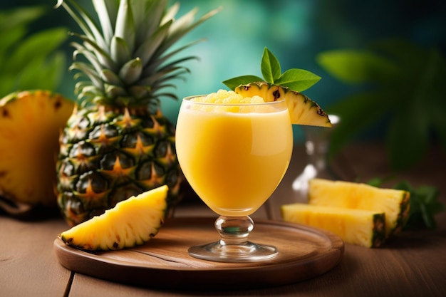 Une personne tenant un verre de jus d'ananas avec un fond tropical