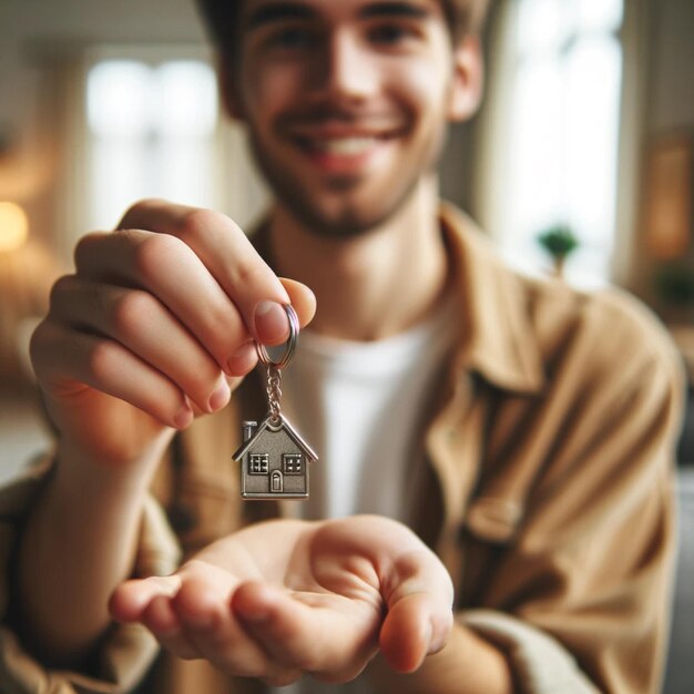Une personne tendant un jeu de clés avec un pendant de maison sur un fond intérieur confortable