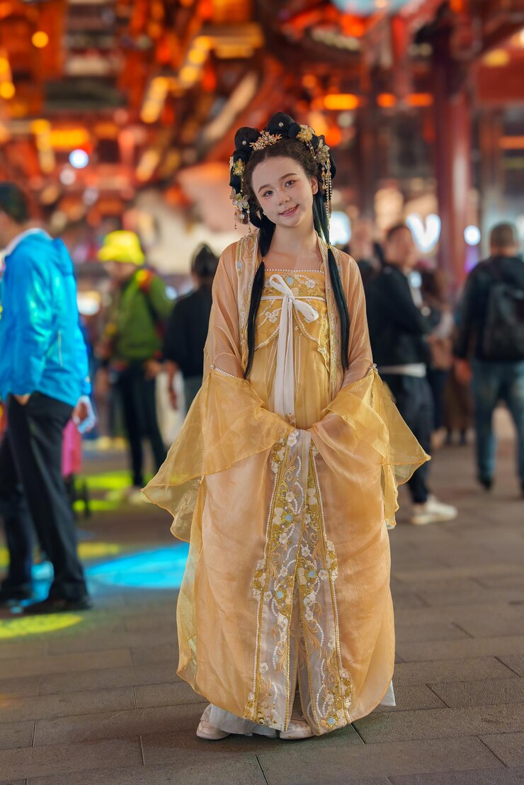 Photo une personne en tenue traditionnelle chinoise sur le marché animé de shanghai