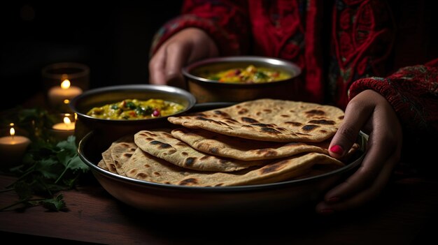 Photo une personne tient une assiette de nourriture avec deux assiettes de nourriture