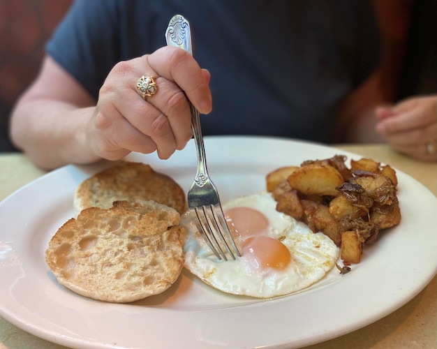 Une personne tient une fourchette et mange un petit-déjeuner avec des pommes de terre.
