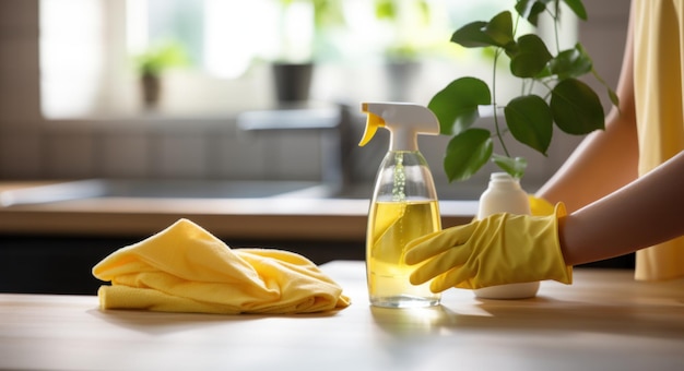 Photo une personne tient des gants jaunes tout en nettoyant le comptoir de la cuisine