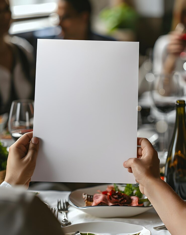 Photo une personne tient un papier blanc vide à la table du dîner