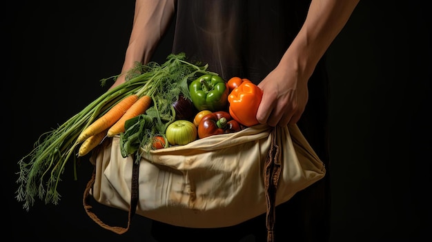 une personne tient un sac de légumes avec un fond blanc