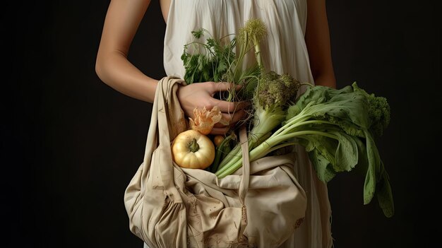 une personne tient un sac de légumes avec un fond blanc