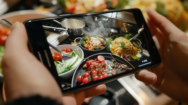 Photo une personne tient un smartphone dans sa main le téléphone affiche une photo d'un repas délicieux