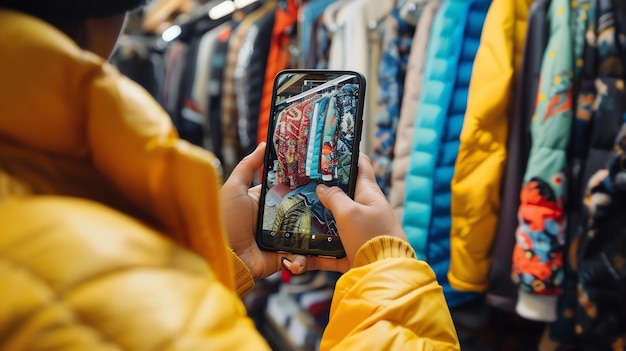 Photo une personne tient un smartphone et prend une photo d'une étagère de vêtements dans un magasin