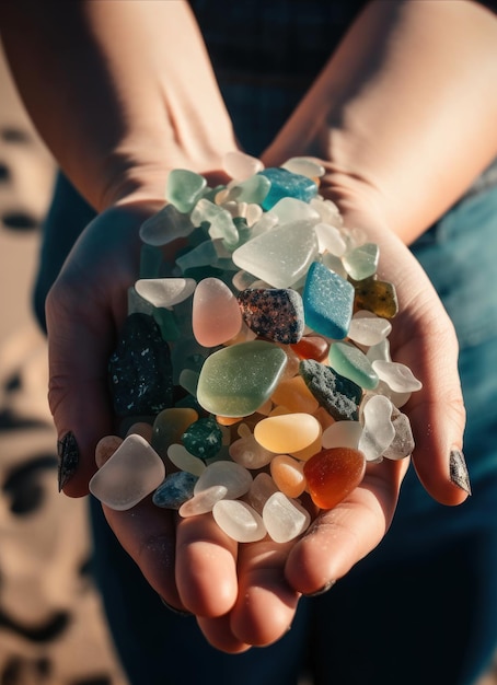 Une personne tient un tas de verre de mer brisé.