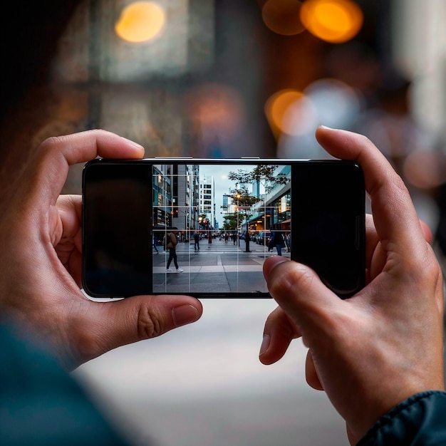 Photo une personne tient un téléphone avec une photo d'une ville dessus