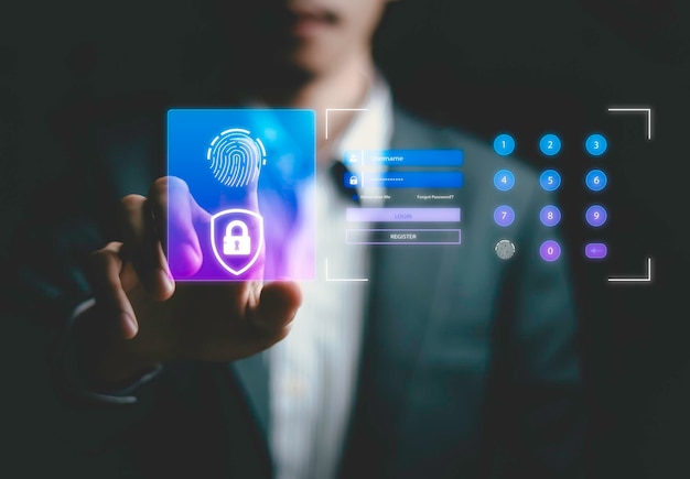 Personne touchant la protection des informations personnelles par lecture d'empreintes digitales transactions financières en ligne accès sécurisé aux réseaux informatiques et aux systèmes numériques Protection des données client cybersécurité