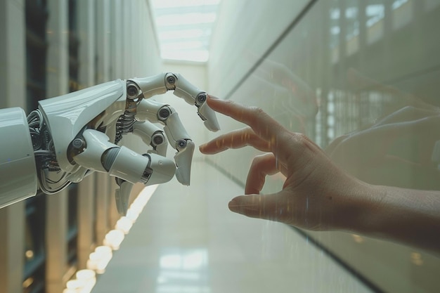 une personne touchant un robot d'une main et l'autre touchant l'autre avec l'une étant tenue par un humain