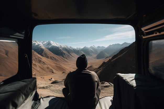 Une personne touriste assis dans un camping-car et regardant sur la vue imprenable sur la nature nature générative ai