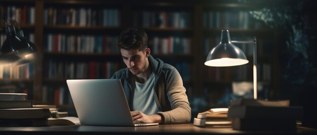 personne travaillant sur un ordinateur portable dans une bibliothèque