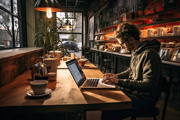 Une personne travaillant sur un ordinateur portable dans un café avec une caméra sur la table
