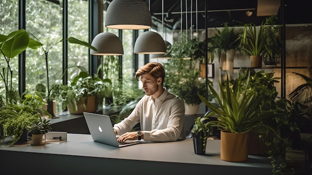 Personne travaillant sur un ordinateur portable entourée d'arbres ESG