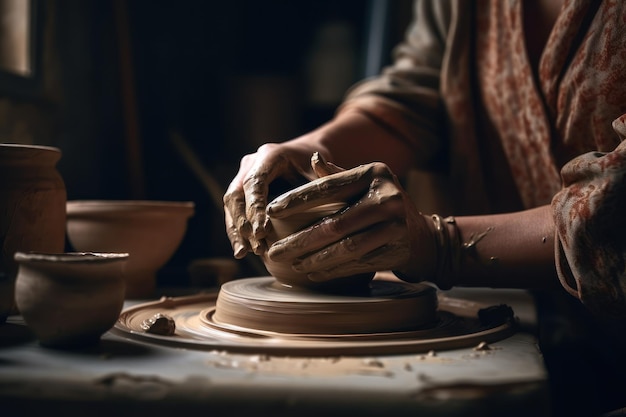 Une personne travaillant sur un tour de potier avec un bol sur la table