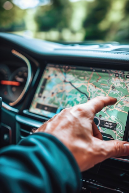 Photo une personne utilisant un dispositif gps dans une voiture convient pour illustrer les voyages de navigation et les concepts technologiques