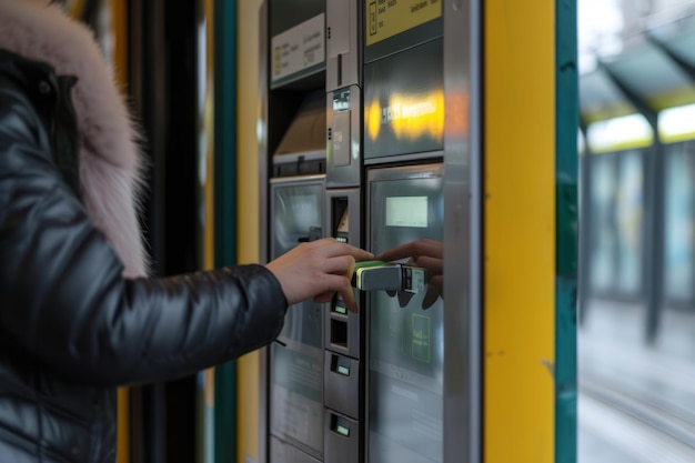 Personne utilisant une machine à billets à la gare Achat de billets pour les transports en commun IA générative