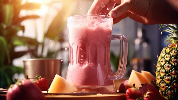 Une personne utilisant un mélangeur pour faire un smoothie avec des fruits frais comme l'ananas et la mangue suggérant une attention à la santé et à la nutrition