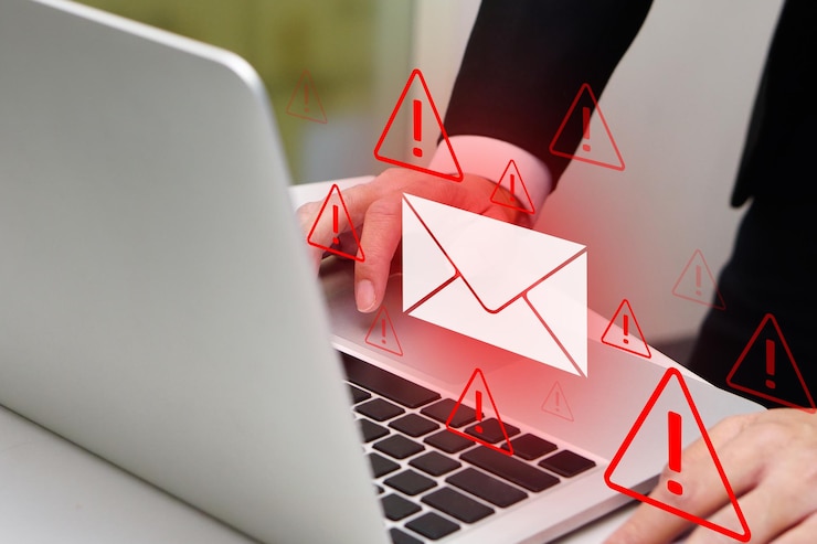 Photo personne utilisant un ordinateur portable avec un écran virtuel de spam virus alertes de boîte de réception de courrier électronique alertes d'avertissement