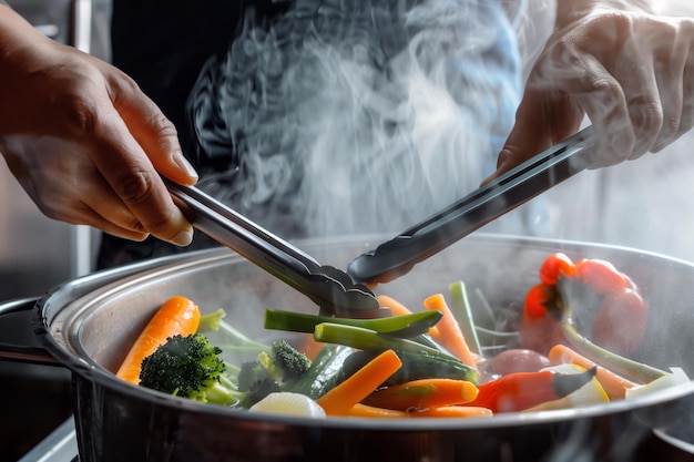 Photo une personne utilisant des pinces pour sélectionner des légumes d'une casserole à vapeur