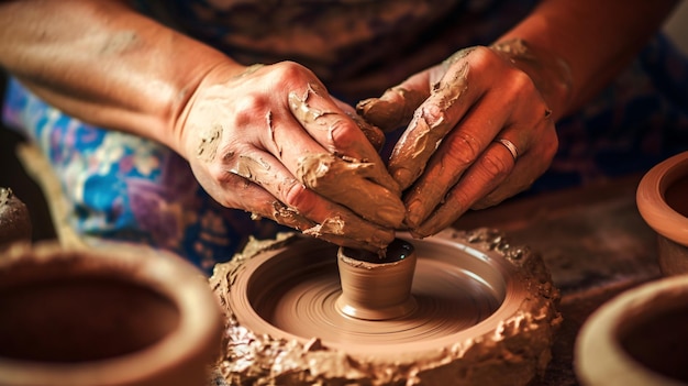 Une personne utilisant un tour de potier pour fabriquer une tasse