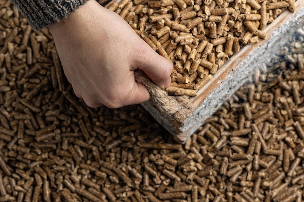 Une personne utilise une caisse en bois pour retirer le bois d'un contenant de bois sec.