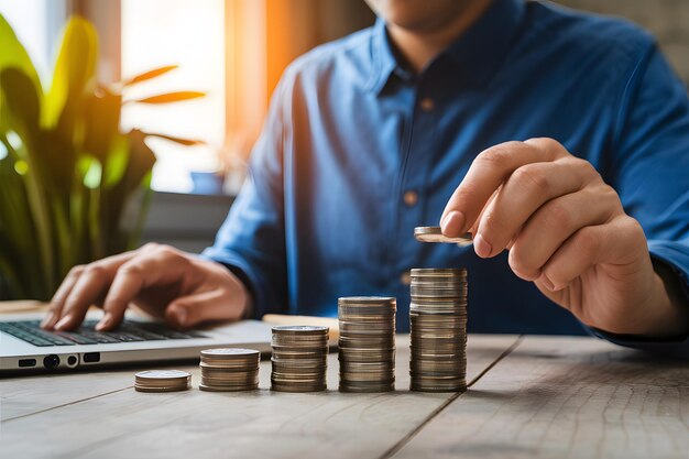 Photo la personne utilise l'ordinateur avec une pile de pièces de monnaie concept de gains en ligne