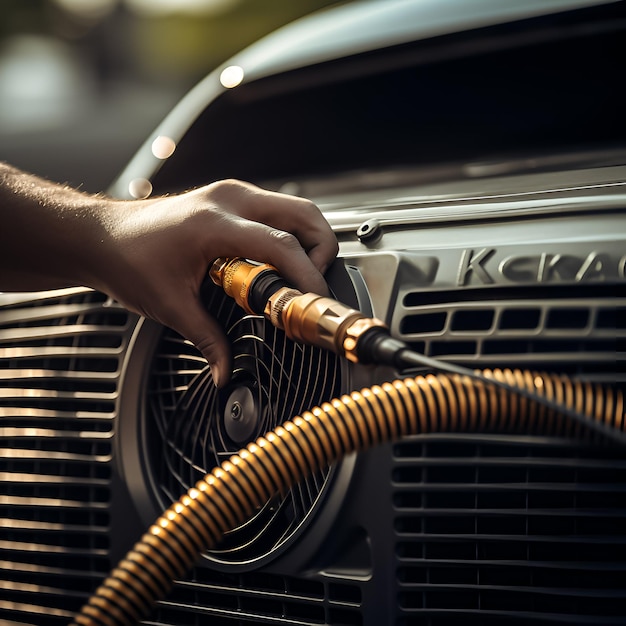 une personne utilise un radiateur sur lequel figure le mot ".